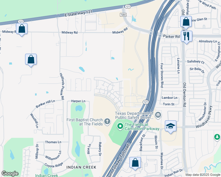 map of restaurants, bars, coffee shops, grocery stores, and more near 4534 Carrollton Parkway in Carrollton