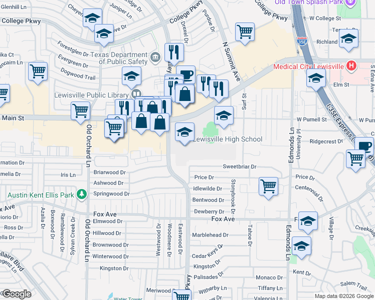 map of restaurants, bars, coffee shops, grocery stores, and more near 1098 West Main Street in Lewisville