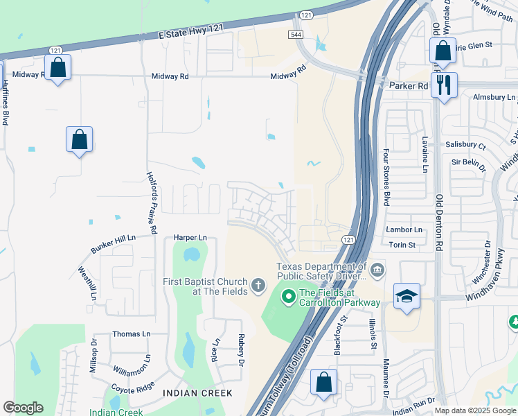 map of restaurants, bars, coffee shops, grocery stores, and more near 1440 Carrollton Parkway in Carrollton