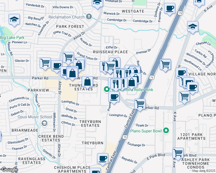 map of restaurants, bars, coffee shops, grocery stores, and more near 700 West Parker Road in Plano