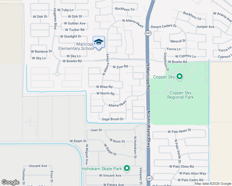 map of restaurants, bars, coffee shops, grocery stores, and more near 45165 West Rhea Road in Maricopa