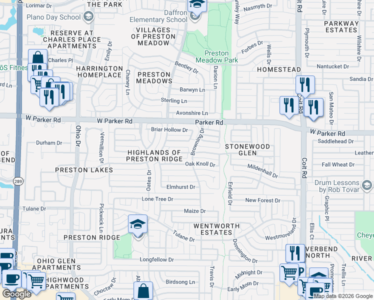 map of restaurants, bars, coffee shops, grocery stores, and more near 4404 Castleglen Drive in Plano