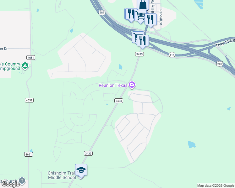 map of restaurants, bars, coffee shops, grocery stores, and more near Farm to Market Road 3433 in Rhome