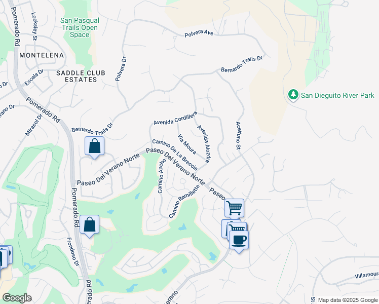 map of restaurants, bars, coffee shops, grocery stores, and more near 12827 Via Moura in San Diego