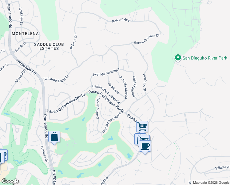map of restaurants, bars, coffee shops, grocery stores, and more near 12825 Via Moura in San Diego
