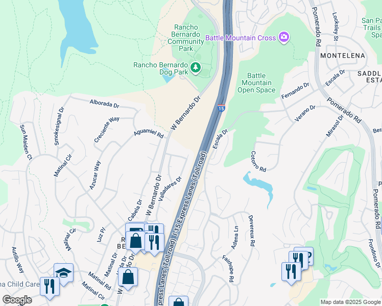 map of restaurants, bars, coffee shops, grocery stores, and more near 18197 Valladares Drive in San Diego
