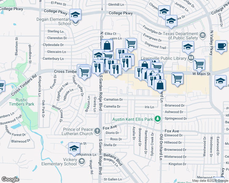 map of restaurants, bars, coffee shops, grocery stores, and more near 415 South Garden Ridge Boulevard in Lewisville