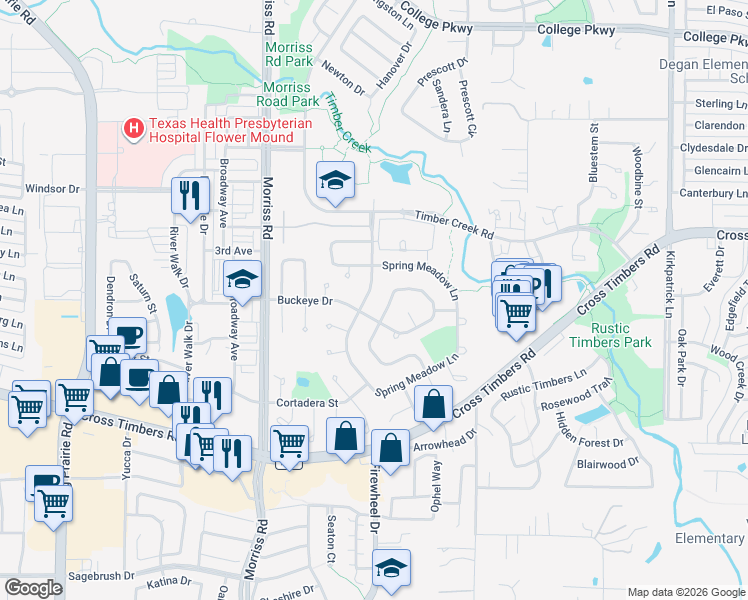 map of restaurants, bars, coffee shops, grocery stores, and more near 3415 Spring Meadow Lane in Flower Mound