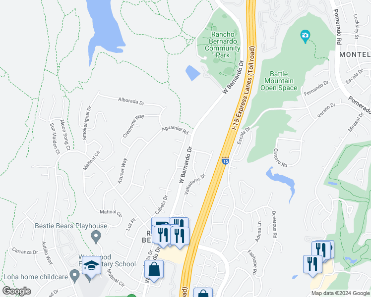 map of restaurants, bars, coffee shops, grocery stores, and more near 17995 Cabela Drive in San Diego