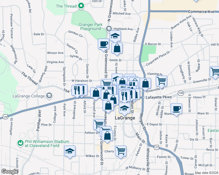 map of restaurants, bars, coffee shops, grocery stores, and more near 101 North Greenwood Street in LaGrange