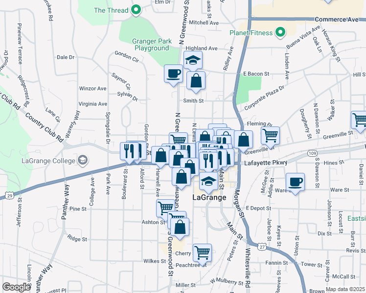 map of restaurants, bars, coffee shops, grocery stores, and more near 206 Broad Street in LaGrange