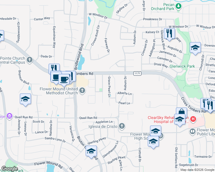 map of restaurants, bars, coffee shops, grocery stores, and more near 4004 Regency Park Court in Flower Mound