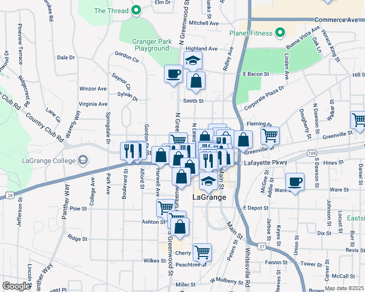 map of restaurants, bars, coffee shops, grocery stores, and more near 206 Broad Street in LaGrange