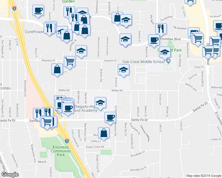 map of restaurants, bars, coffee shops, grocery stores, and more near 932 Bonita Drive in Encinitas