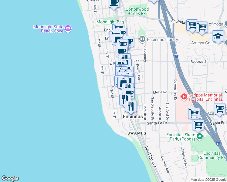 map of restaurants, bars, coffee shops, grocery stores, and more near 901 2nd Street in Encinitas