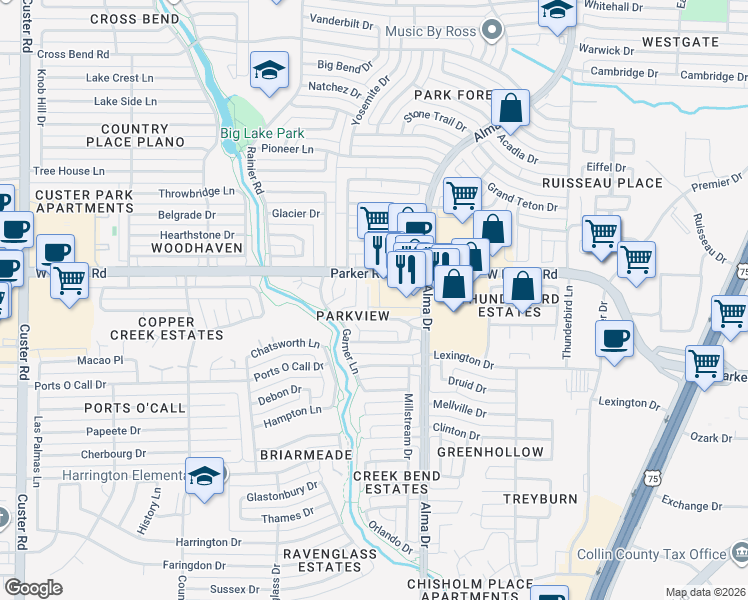 map of restaurants, bars, coffee shops, grocery stores, and more near 3208 Upshire Court in Plano