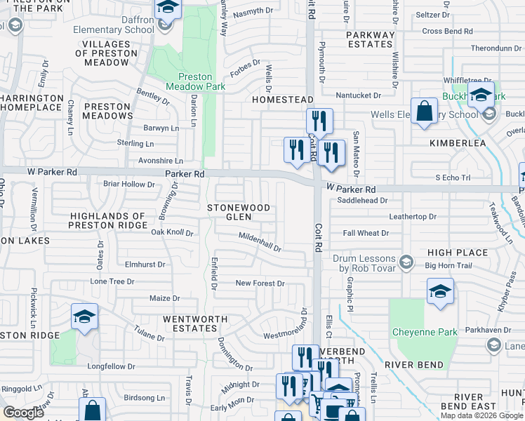 map of restaurants, bars, coffee shops, grocery stores, and more near 3116 Walsingham Drive in Plano