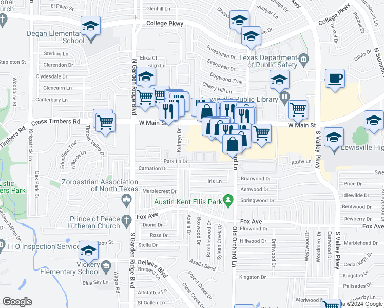 map of restaurants, bars, coffee shops, grocery stores, and more near 1420 West Main Street in Lewisville