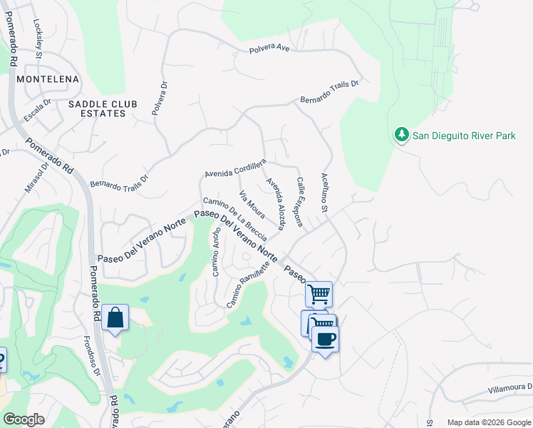 map of restaurants, bars, coffee shops, grocery stores, and more near 17942 Avenida Alozdra in San Diego