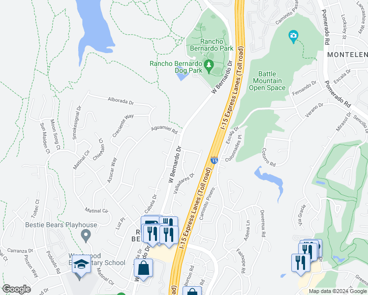 map of restaurants, bars, coffee shops, grocery stores, and more near 11616 Andanza Way in San Diego