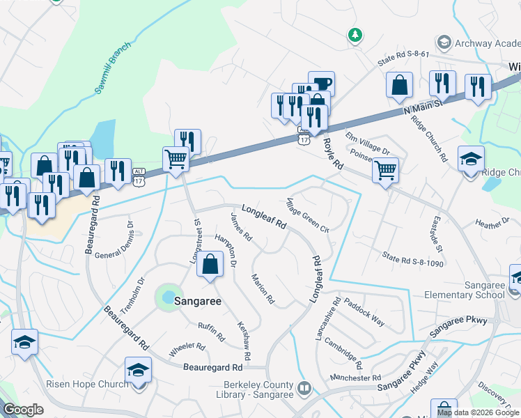map of restaurants, bars, coffee shops, grocery stores, and more near 106 Gordon Court in Summerville