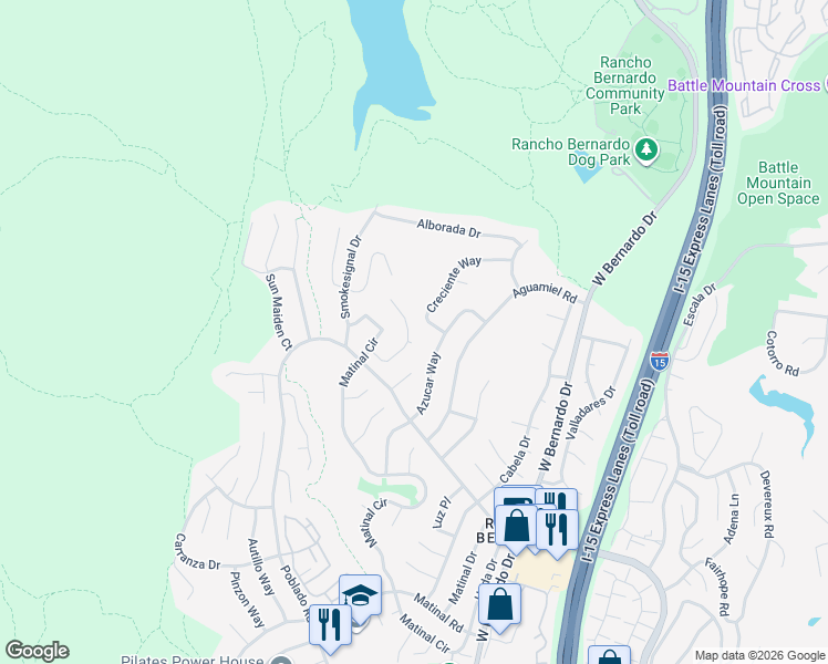 map of restaurants, bars, coffee shops, grocery stores, and more near 18129 Chieftain Court in San Diego