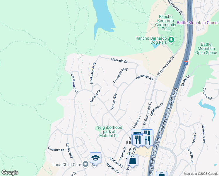 map of restaurants, bars, coffee shops, grocery stores, and more near 18129 Chieftain Court in San Diego