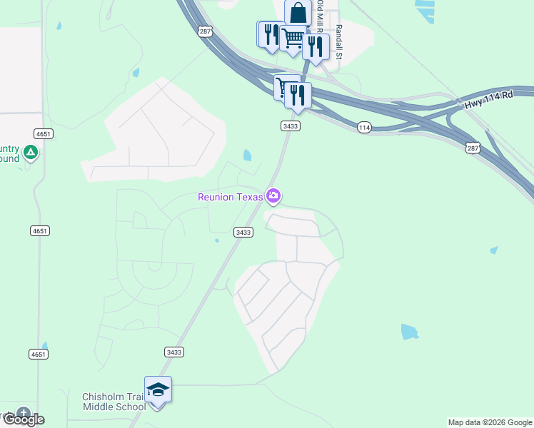 map of restaurants, bars, coffee shops, grocery stores, and more near Farm to Market Road 3433 in Rhome