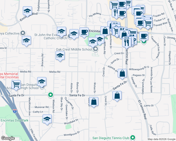 map of restaurants, bars, coffee shops, grocery stores, and more near 936 Bluejack Road in Encinitas