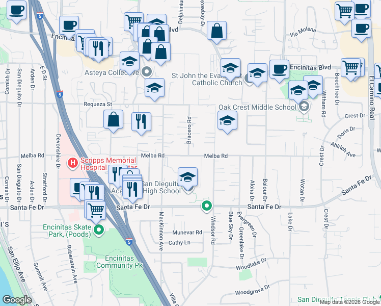 map of restaurants, bars, coffee shops, grocery stores, and more near 808 Melba Road in Encinitas