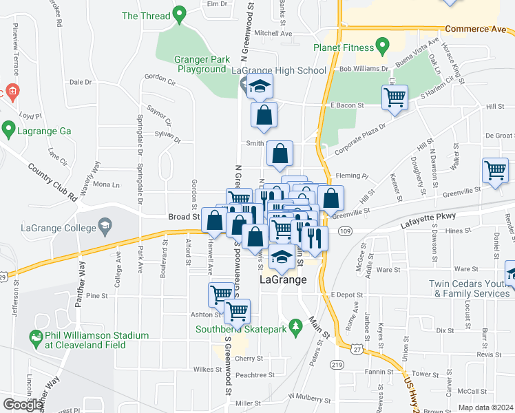 map of restaurants, bars, coffee shops, grocery stores, and more near 103 North Lewis Street in LaGrange