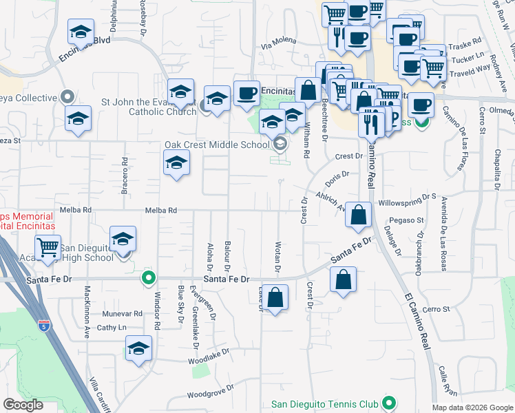 map of restaurants, bars, coffee shops, grocery stores, and more near 936 Bluejack Road in Encinitas