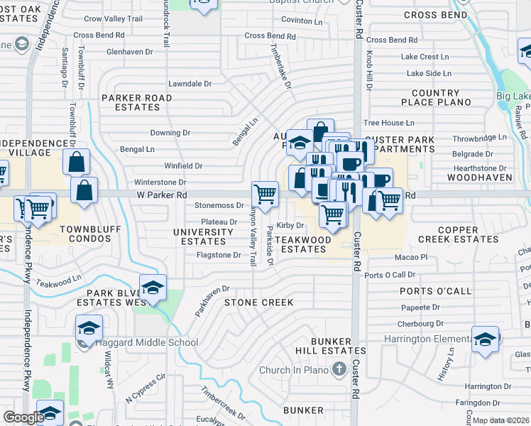 map of restaurants, bars, coffee shops, grocery stores, and more near 3200 Canyon Valley Trail in Plano
