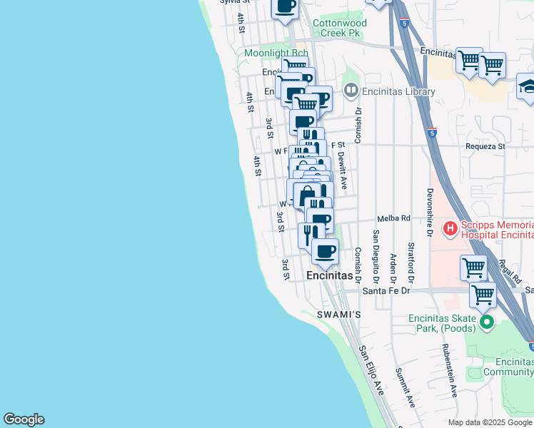 map of restaurants, bars, coffee shops, grocery stores, and more near 922 Sealane Drive in Encinitas