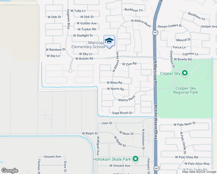 map of restaurants, bars, coffee shops, grocery stores, and more near 45319 West Rhea Road in Maricopa