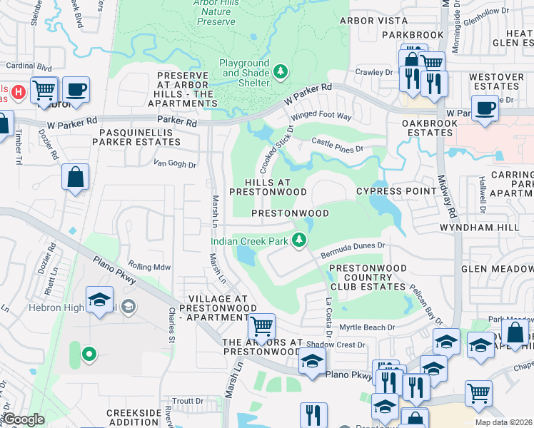 map of restaurants, bars, coffee shops, grocery stores, and more near 2901 Crooked Stick Drive in Plano