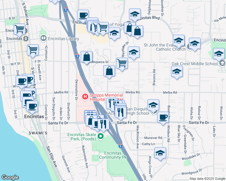 map of restaurants, bars, coffee shops, grocery stores, and more near 528 Melba Road in Encinitas