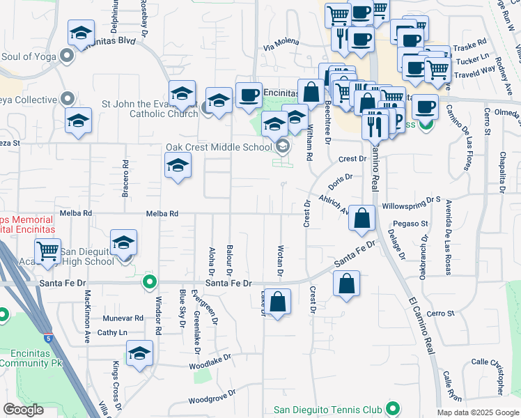 map of restaurants, bars, coffee shops, grocery stores, and more near 939 Bluejack Road in Encinitas