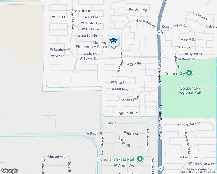 map of restaurants, bars, coffee shops, grocery stores, and more near 45449 West Rhea Road in Maricopa