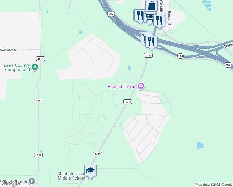 map of restaurants, bars, coffee shops, grocery stores, and more near Farm to Market Road 3433 in Rhome
