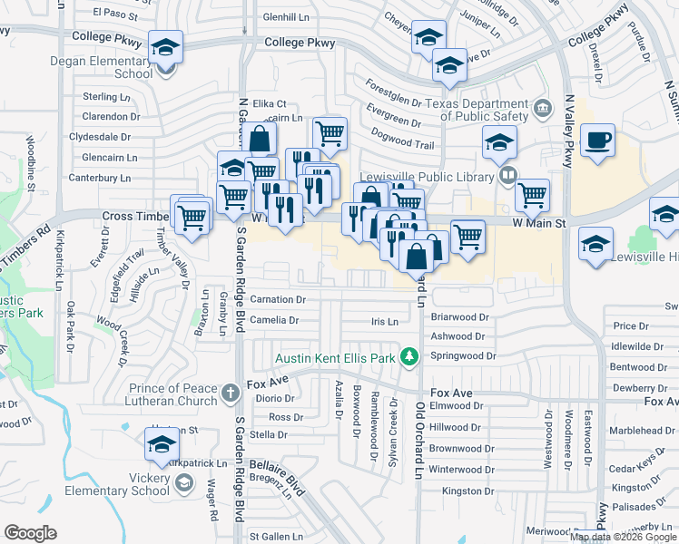 map of restaurants, bars, coffee shops, grocery stores, and more near 1420 West Main Street in Lewisville