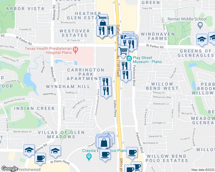 map of restaurants, bars, coffee shops, grocery stores, and more near 2901 Dallas Parkway in Plano