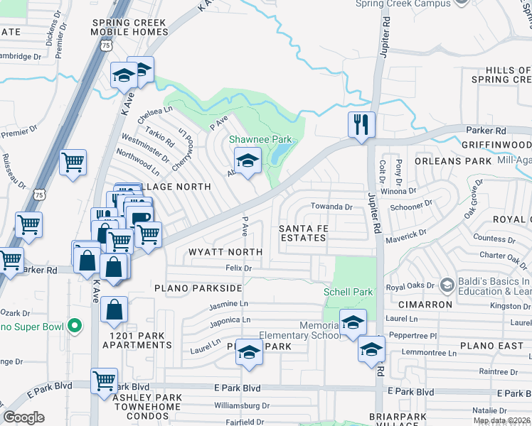 map of restaurants, bars, coffee shops, grocery stores, and more near 1730 East Parker Road in Plano