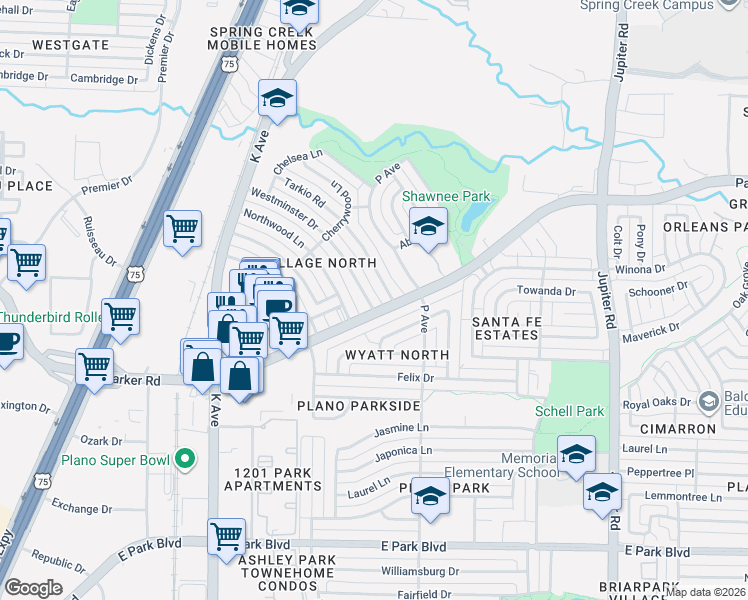 map of restaurants, bars, coffee shops, grocery stores, and more near 3308 Tarkio Road in Plano