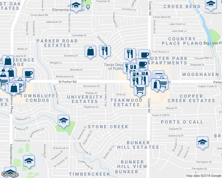 map of restaurants, bars, coffee shops, grocery stores, and more near 3200 Canyon Valley Trail in Plano