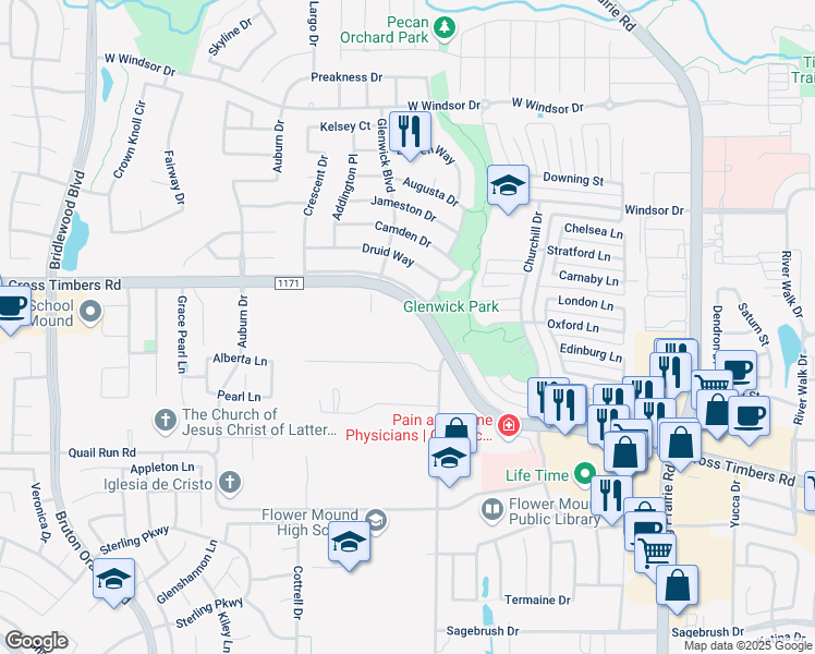 map of restaurants, bars, coffee shops, grocery stores, and more near 3409 Cross Timbers Road in Flower Mound
