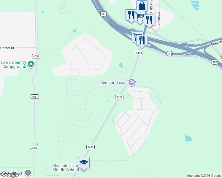 map of restaurants, bars, coffee shops, grocery stores, and more near Farm to Market Road 3433 in Rhome