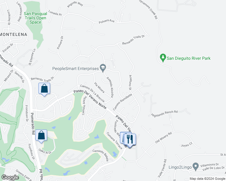 map of restaurants, bars, coffee shops, grocery stores, and more near 17929 Avenida Alozdra in San Diego