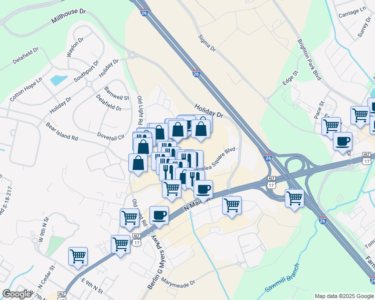 map of restaurants, bars, coffee shops, grocery stores, and more near 450 Azalea Square Boulevard in Summerville