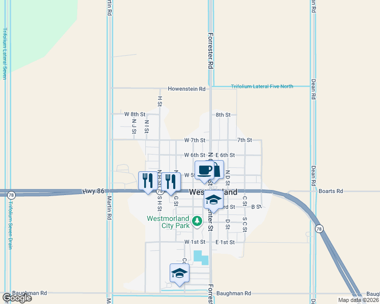 map of restaurants, bars, coffee shops, grocery stores, and more near 201 West 6th Street in Imperial